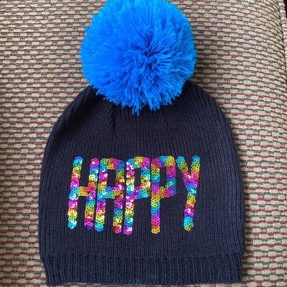 “HAPPY” black winter hat from “Trolls” with Turquoise ball -almost new - Picture 1 of 4